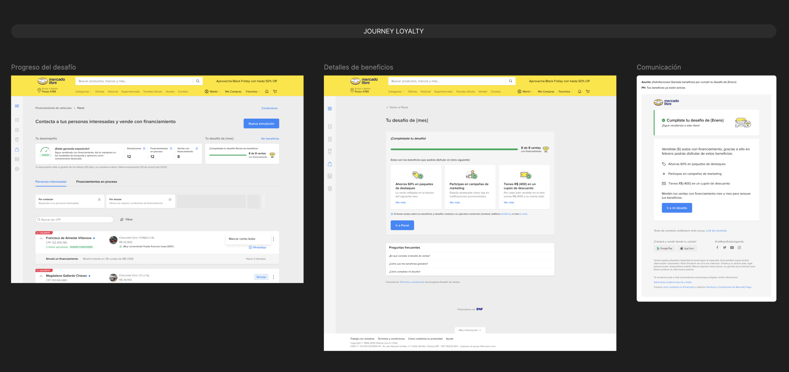 Design journey showing a completed sales challenge, three earned benefits, and a congratulatory email.