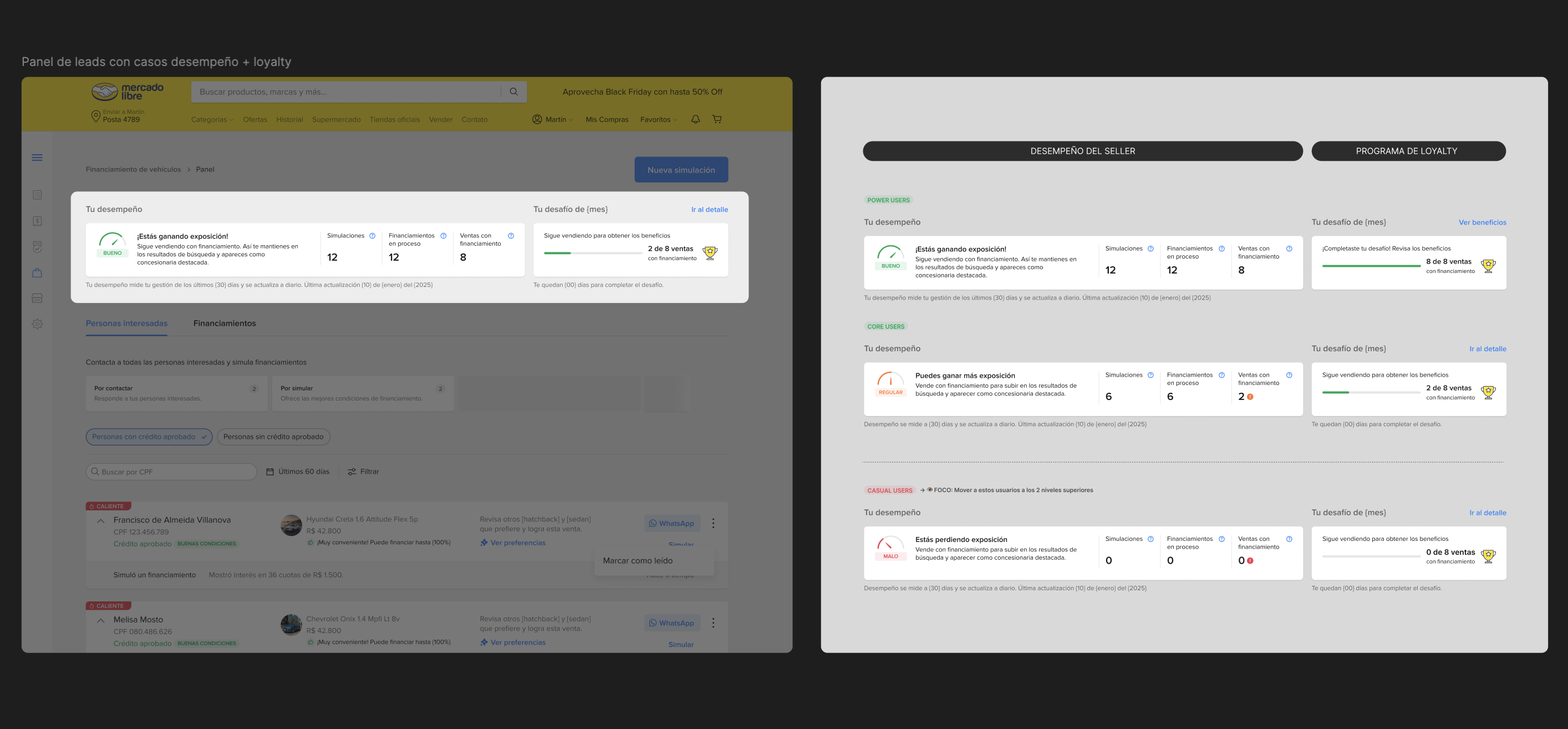 Design board showing the seller dashboard and three performance states alongside loyalty challenge progress.
