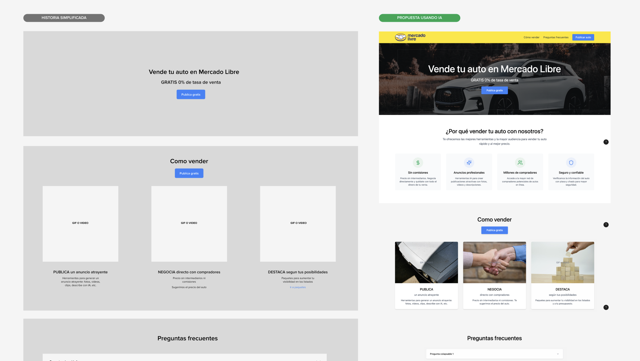A simplified content structure next to an early AI-assisted Sell your car design.