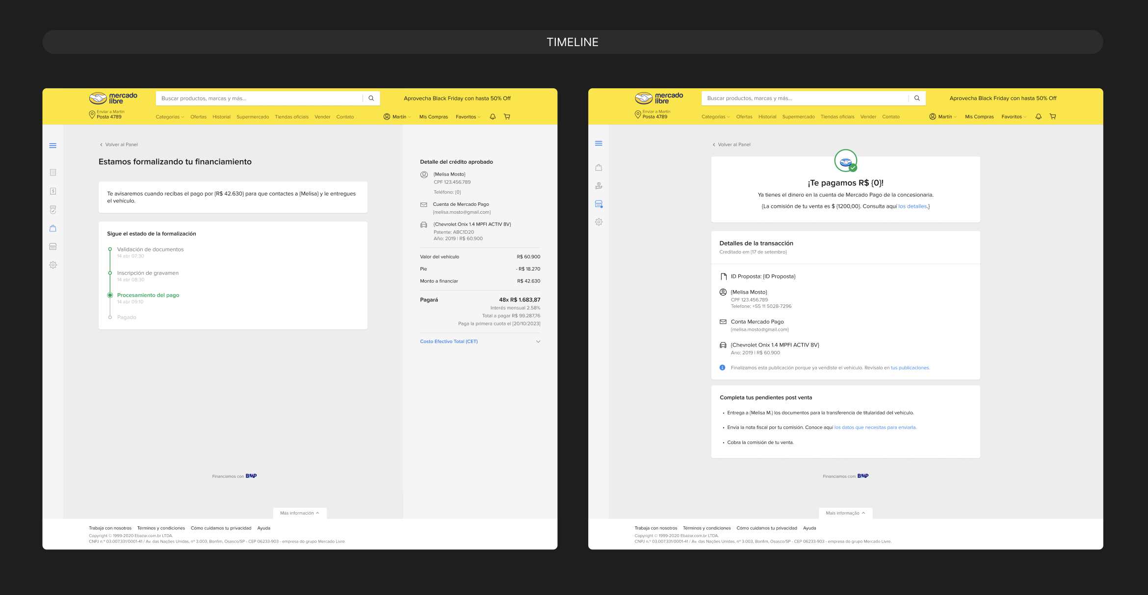 Two seller screens showing a financing-processing timeline and a payment confirmation.